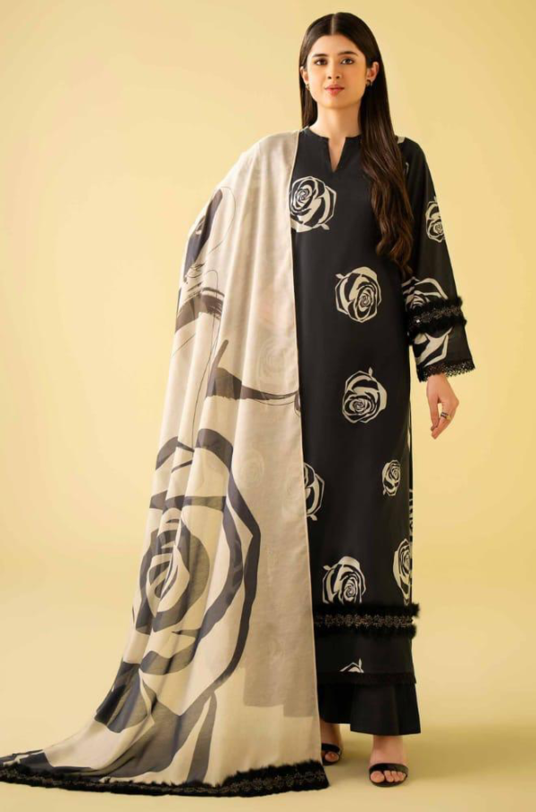 Black Karandi Digital Print 3-Piece Suit – Timeless Elegance and Modern Style - Image 3