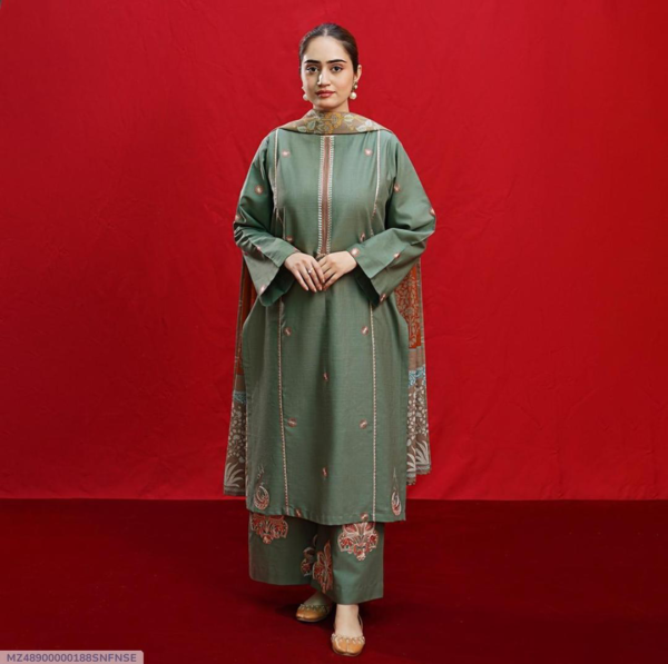 3 Pcs Women's Unstitched Dhanak Suit  Embroidered Suit - Image 2