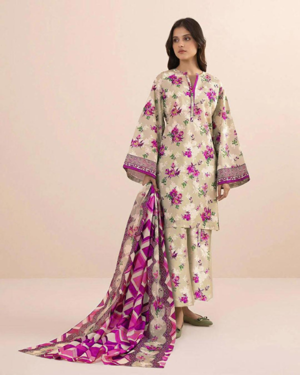 Beige Khaddar Digital Print 3-Piece Set – Elegant & Timeless - Image 2
